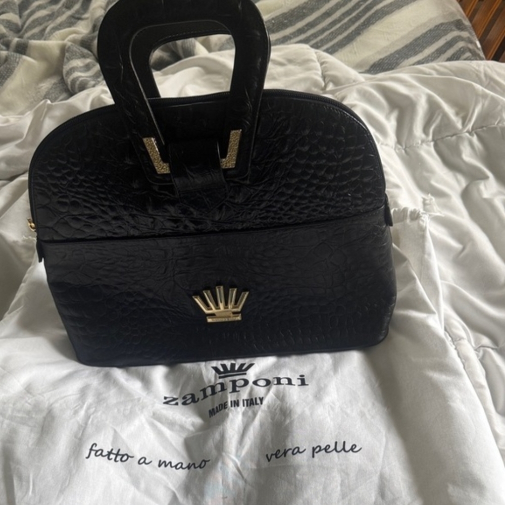 Zamponi Italian Black Croc-Embossed Satchel NEW